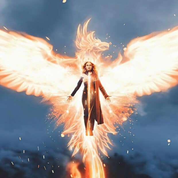 Sophie Turner as Phoenix rising with fiery wings and glowing light, HD Desktop Wallpaper