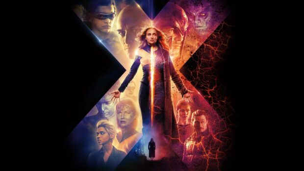 Sophie Turner as Phoenix stands center surrounded by X Men characters in a dramatic scene, HD Desktop Wallpaper