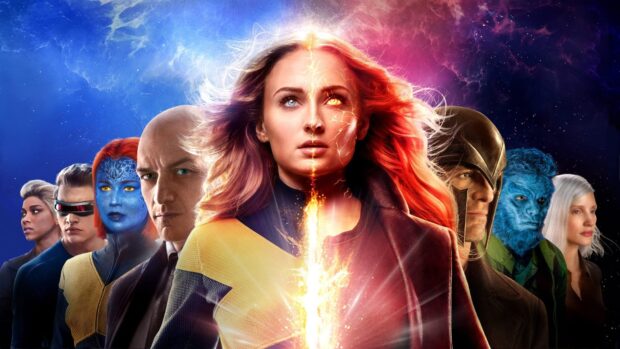 Sophie Turner as Phoenix stands boldly with other X Men characters in a cosmic scene, HD Desktop Wallpaper