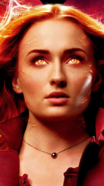 Sophie Turner Phoenix Wallpapers shows a woman with glowing eyes and fiery hair in a powerful expression, HD Mobile Wallpaper