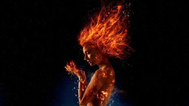 A woman with fiery phoenix flames surrounding her in the dark night, HD Desktop Wallpaper