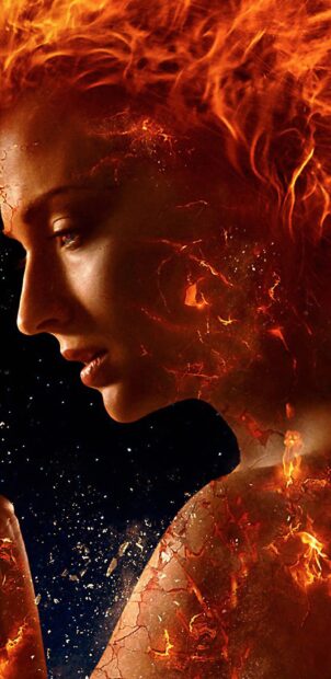 Sophie Turner fiery transformation with glowing cracks illuminating her skin, 2K Phone Wallpaper