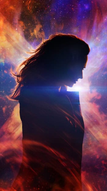A silhouette of Sophie Turner with glowing cosmic flames and vibrant colors, 4K Phone Wallpaper