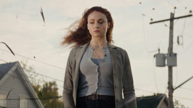 Sophie Turner shows a serious expression with faint lightning on her face in an urban setting, 4K Desktop Wallpaper