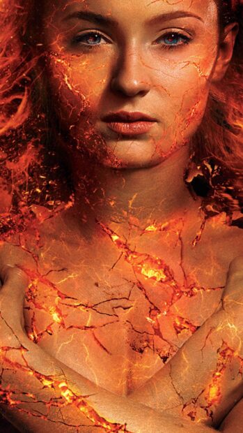 Sophie Turner Phoenix wallpapers show her face and upper body with glowing fiery cracks, HD Mobile Wallpaper
