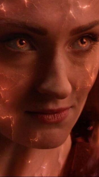Sophie Turner with fiery glowing eyes and phoenix flames surrounding her face, HD Mobile Wallpaper