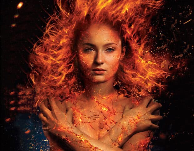 A woman with fiery phoenix effects on her skin and hair looks intensely into the camera, HD Desktop Wallpaper