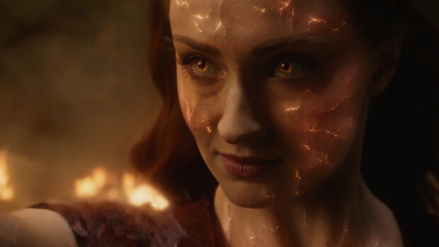 Sophie Turner with glowing phoenix eyes and fiery cracks on her face, 4K Desktop Wallpaper