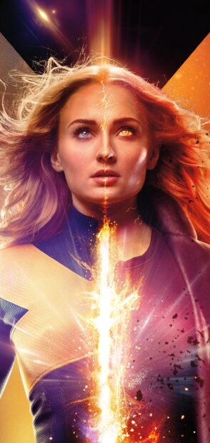 Sophie Turner with glowing phoenix power showing two different eye colors and fiery energy, 2K Mobile Wallpaper