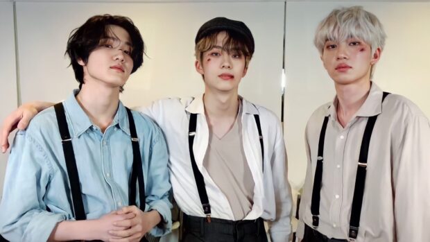 Three Soul P1Harmony members stand together wearing suspenders and casual shirts, HD Desktop Wallpaper