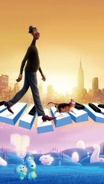 A Pixar Wallpapers scene shows the Soul character walking on piano keys with a cat and souls below, 2K Phone Wallpaper