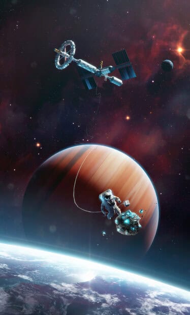 An astronaut is tethered to a space station near a large ringed planet in deep space, HD Mobile Wallpaper