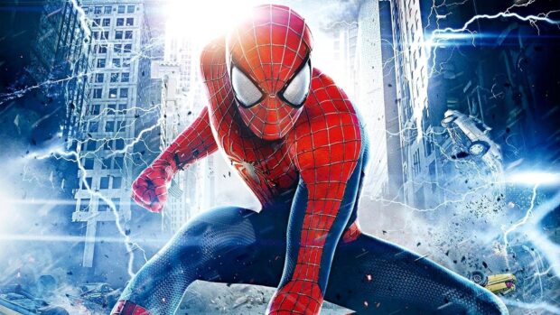Spider Man Andrew Garfield is crouched in an urban battle scene with lightning, HD Desktop Wallpaper
