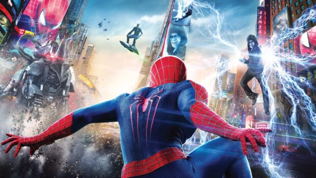 Spider Man Andrew Garfield faces villains in a dynamic city battle, HD Desktop Wallpaper