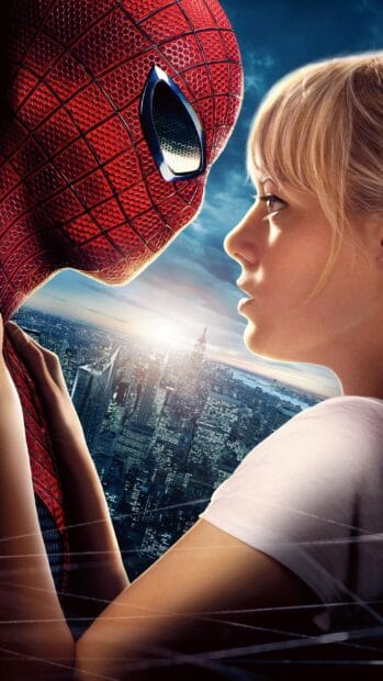 Spider Man Andrew Garfield is seen facing a woman closely with a city skyline behind them, 2K Phone Wallpaper