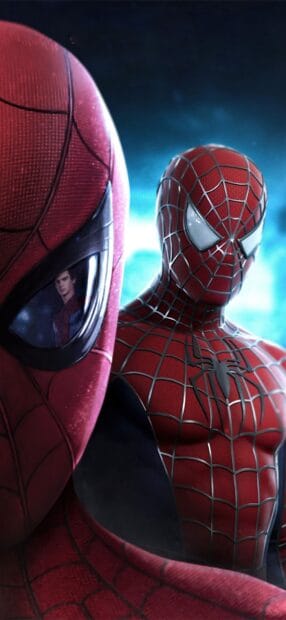 Spider Man Andrew Garfield appears in a detailed red and black suit with a reflection of Andrew Garfield in the eye, HD Phone Wallpaper