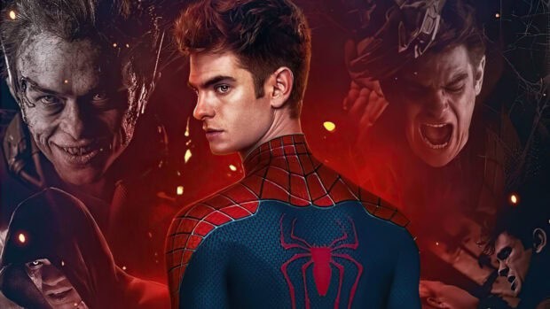Andrew Garfield as Spider Man standing with villains in the background, 4K Desktop Wallpaper