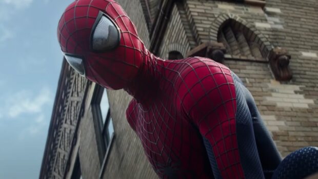 Spider Man Andrew Garfield poses near a brick building with detailed costume, HD Desktop Wallpaper
