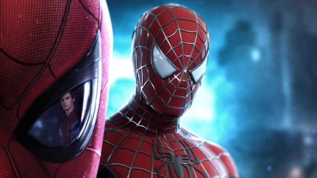 Spider Man Andrew Garfield is shown in his detailed suit with a city background, 4K Desktop Wallpaper