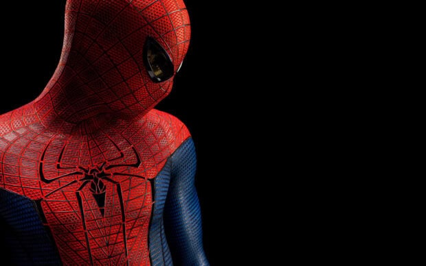 Spider Man Andrew Garfield is shown in a detailed red and blue suit against a black background, HD Desktop Wallpaper