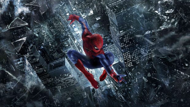 Spider Man Andrew Garfield swings through a shattered cityscape at night, HD Desktop Wallpaper