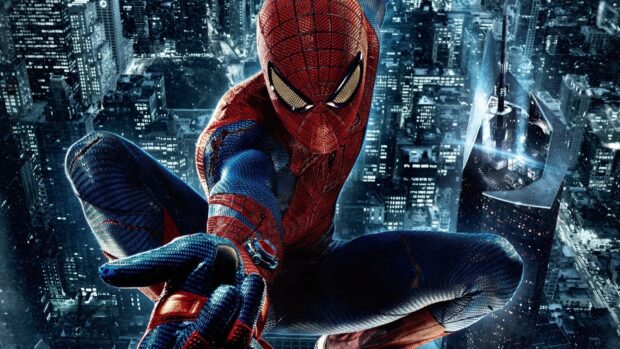 Spider Man Andrew Garfield swinging high above a cityscape at night, HD Desktop Wallpaper