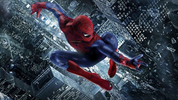 Spider Man Andrew Garfield swinging through a shattered glass cityscape, HD Desktop Wallpaper