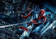 Spider Man Andrew Garfield swings through the city shooting webs at night, HD Desktop Wallpaper