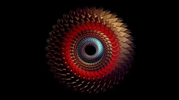 A red and blue spiral geometric shape with many facets is displayed on a black background, 2K Desktop Wallpaper