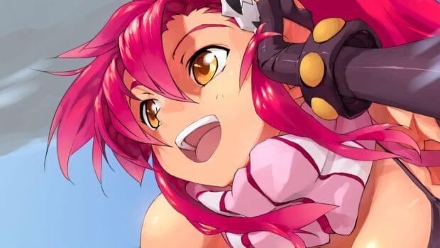 A smiling character with pink hair from Tengen Toppa Gurren Lagann looks excited in the sky, 4K Desktop Wallpaper