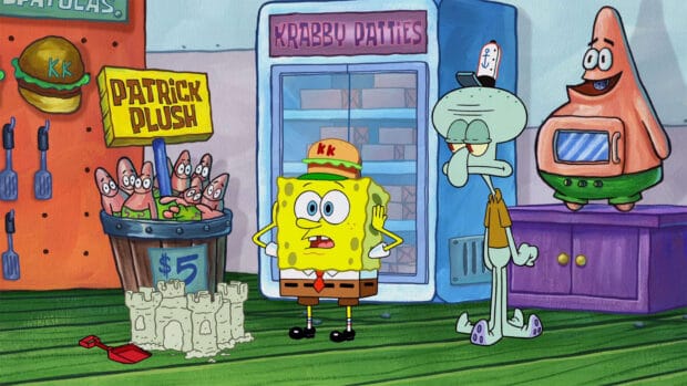 SpongeBob and Squidward stand near the Krabby Patty cooler inside the Krusty Krab, HD Desktop Wallpaper