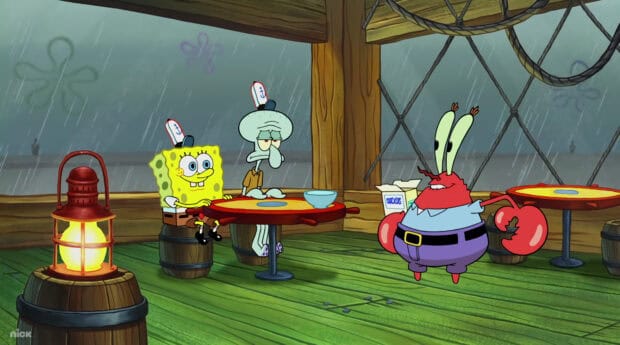 Squidward and SpongeBob sit at a table inside the Krusty Krab while Mr. Krabs talks during rain, HD Desktop Wallpaper