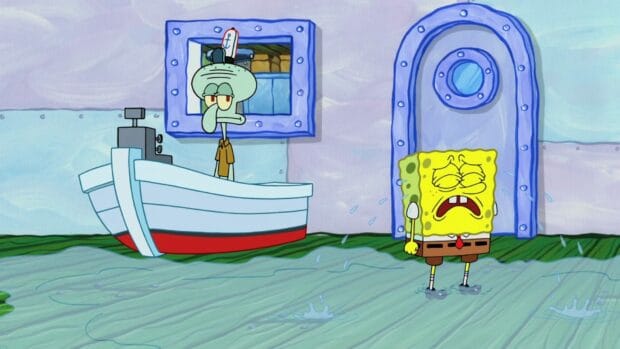 Squidward and SpongeBob Squarepants share an emotional moment inside a flooded house, HD Desktop Wallpaper