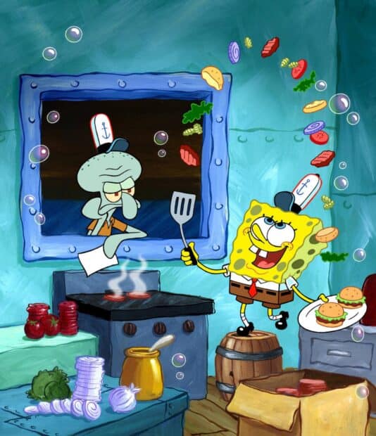 SpongeBob cooking Krabby Patties while Squidward watches, HD Desktop Wallpaper