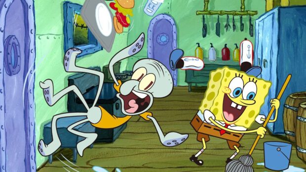 Squidward and Spongebob Squarepants engaged in a cheerful scene inside the Krusty Krab, 2K Desktop Wallpaper