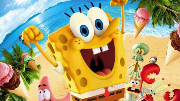 Squidward and Spongebob Squarepants characters enjoying a sunny beach scene with ice cream, HD Desktop Wallpaper