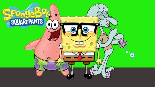 Squidward and his friends are smiling with a bright background in the Spongebob Squarepants series, HD Desktop Wallpaper