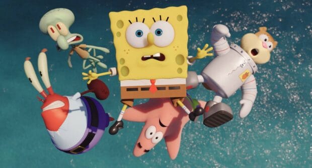 Squidward and other characters from Spongebob Squarepants are in a dynamic underwater scene, HD Desktop Wallpaper