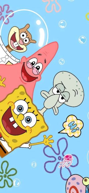 Squidward and other Spongebob characters are smiling together underwater, 2K Mobile Wallpaper