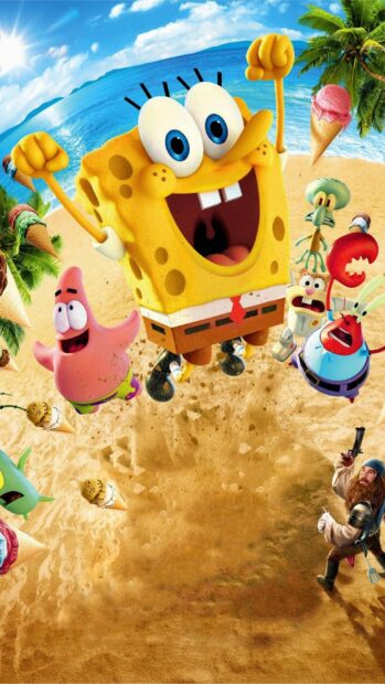 SpongeBob and Patrick jump with joy on a sandy shore, 2K Mobile Wallpaper