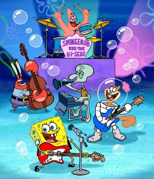 Squidward and other SpongeBob characters perform in a lively underwater band scene, HD Desktop Wallpaper