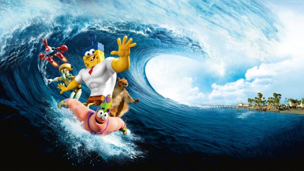 Squidward Spongebob Squarepants Wallpapers characters surfing a giant wave near the coast, 4K Desktop Wallpaper