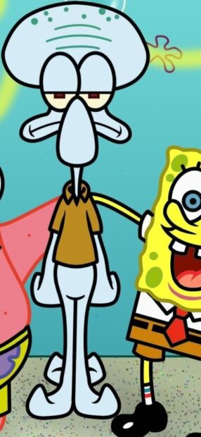 Squidward stands with a tired expression next to Spongebob in the animated scene, HD Phone Wallpaper