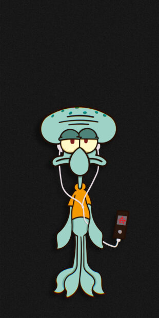 Squidward from Spongebob is standing with earphones and a music player in hand, 2K Phone Wallpaper
