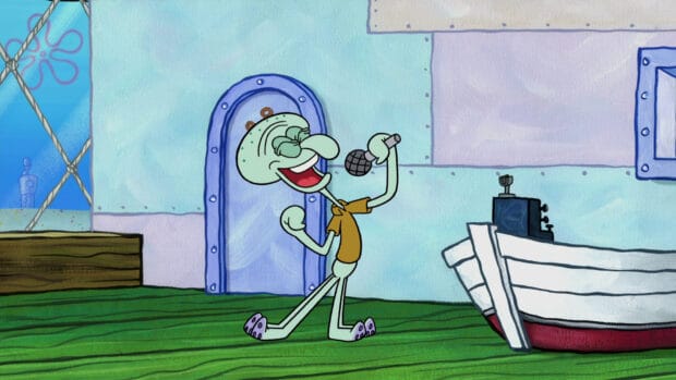 Squidward from Spongebob Squarepants is singing happily with a microphone, HD Desktop Wallpaper
