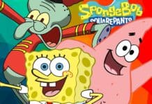 Squidward with SpongeBob and Patrick pose happily together in a colorful scene, HD Desktop Wallpaper