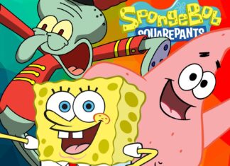 Squidward with SpongeBob and Patrick pose happily together in a colorful scene, HD Desktop Wallpaper