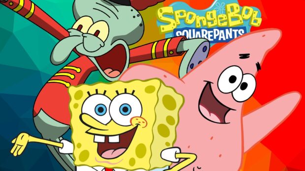 Squidward with SpongeBob and Patrick pose happily together in a colorful scene, HD Desktop Wallpaper