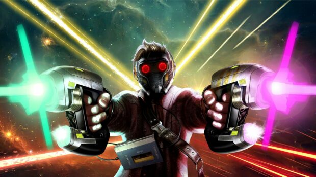 Star Lord aiming his dual blasters with glowing red eyes in space battle, 2K Desktop Wallpaper