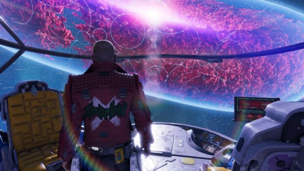 Star Lord faces a vibrant cosmic nebula from his spaceship window in Marvels Guardians Of The Galaxy Wallpapers, HD Desktop Wallpaper